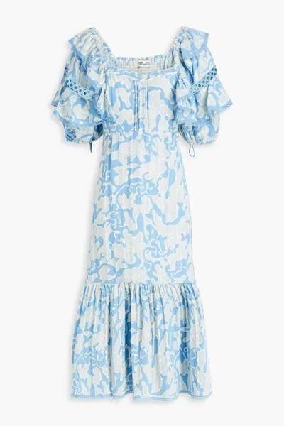 Платье миди Oliver из хлопкового жаккарда с принтом и оборками Diane Von Furstenberg, светло-синий