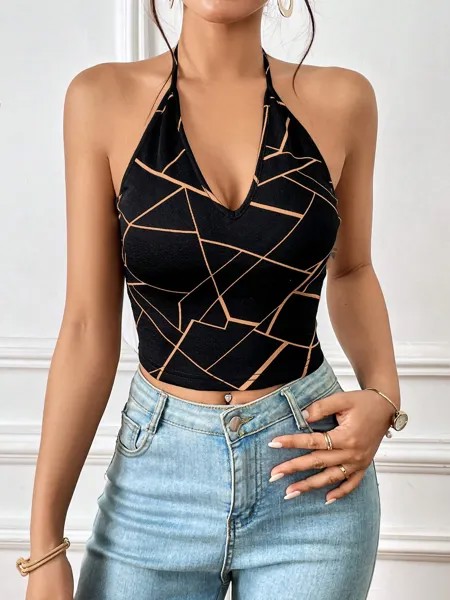 SHEIN Топ с открытой бретелькой Essnce, геометрический принт, открывающийся назад, многоцветный