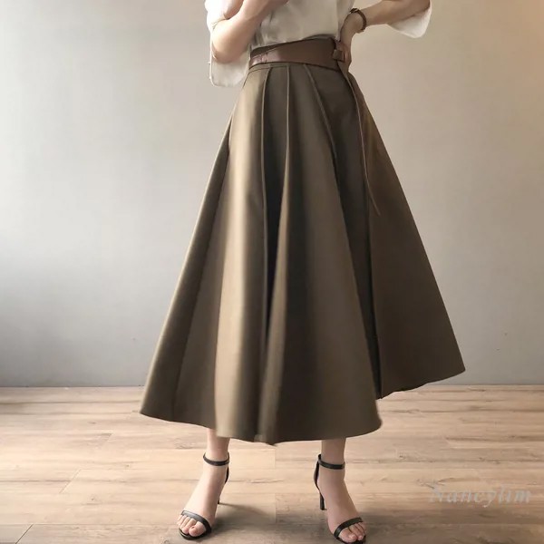Женская Асимметричная юбка цвета хаки, модель сезона весна-осень 2021 года, зонт средней длины с большим подолом, Женская юбка с высокой талие...