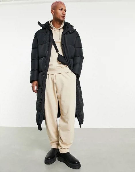 Черное удлиненное дутое пальто ASOS DESIGN-Черный цвет