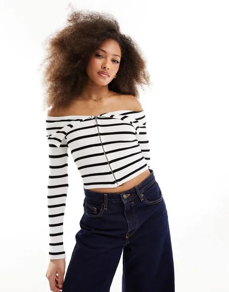 Топ с открытыми плечами и длинными рукавами Pull&Bear в черно-белую полоску