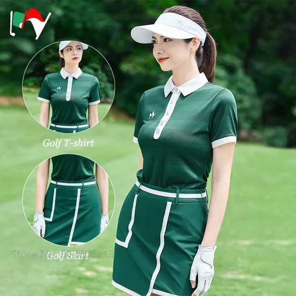 Моя леди, Корейская одежда для гольфа, рубашка-поло с коротким рукавом, тонкие топы, женские комплекты с необычной высокой талией и юбкой-кар...
