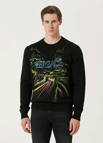 Черный шерстяной жаккардовый свитер city lights Versace