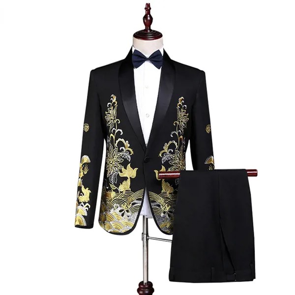 Роскошный черный костюм с золотой вышивкой рыбы, Мужская шаль, воротник, на одной пуговице, свадебный смокинг, костюм (пиджак + брюки) для сцены, вечевечерние, мужской костюм