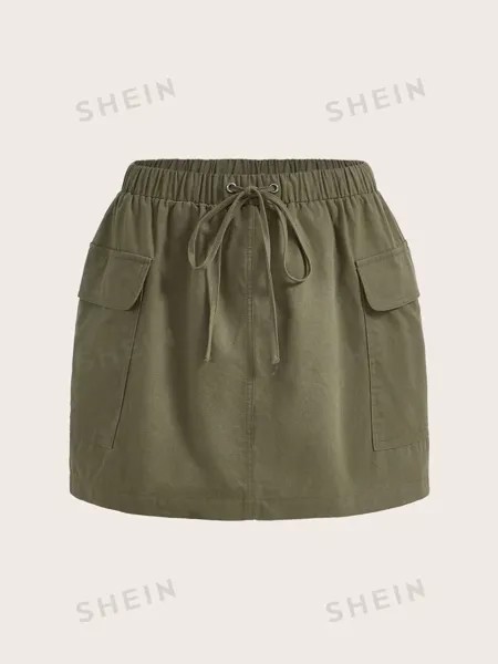 EZwear Plus Юбка-карго с карманами и клапаном Шнурок на талии Shein, темно-зеленый