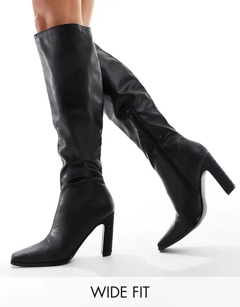 Public Desire Wide Fit – Acquilla – Черные сапоги до колена из искусственной кожи на каблуке и квадратном носке