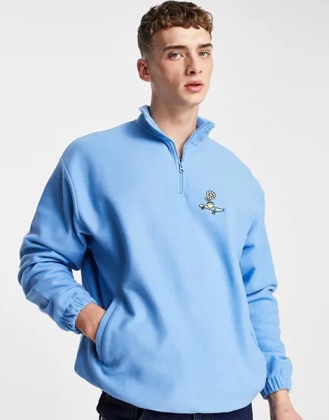 Oversized-свитшот из флиса с короткой молнией и маленьким вышитым принтом ASOS DESIGN-Голубой
