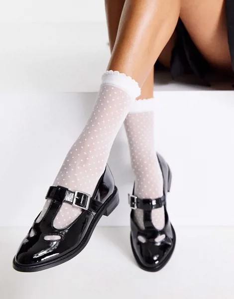 Черные лакированные туфли на плоской подошве с ремешком на подъеме стопы ASOS DESIGN Merry-Черный цвет