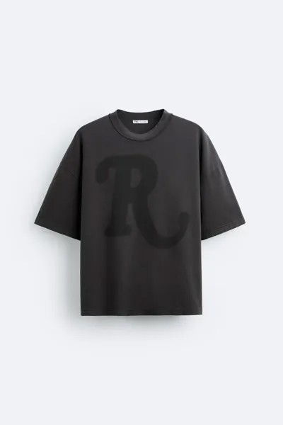 Футболка faded acid wash ZARA, древесный уголь