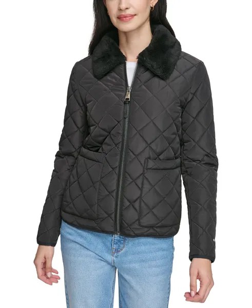 Женское стеганое пальто с воротником из искусственного меха DKNY, черный