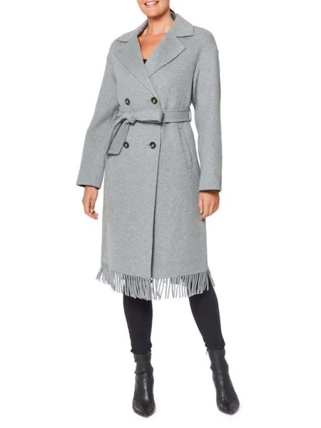 Бушлат Vince Camuto из смесовой шерсти с поясом и бахромой, светло-серый
