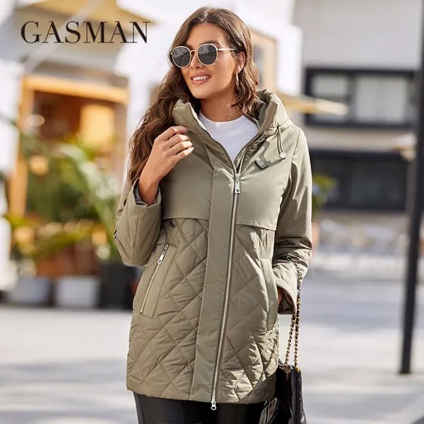GASMAN Новая женская куртка весна 2022 Высококачественное средней длины Женское пальто Сшивание Капюшон Дизайн Ветрозащитный Повседневные парки 8226