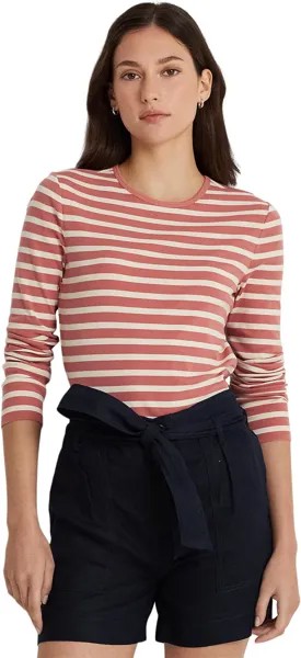 Футболка LAUREN Ralph Lauren Petite Striped Cotton Long-Sleeve Tee, цвет Pink Mahogany/Mas Cream