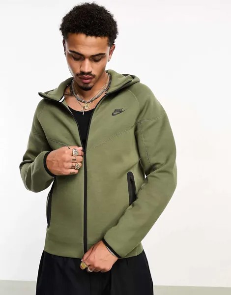 Оливковое худи с молнией во всю длину Nike Tech Fleece