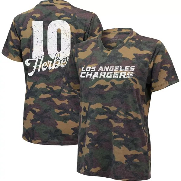 Женская камуфляжная футболка Justin Herbert Los Angeles Chargers с v-образным вырезом имени и номера