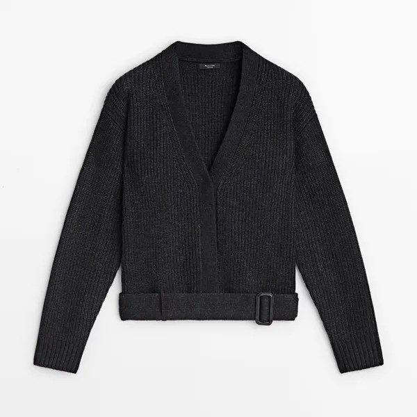 Кардиган Massimo Dutti Wool Blend Knit With Belt Detail, темно-серый