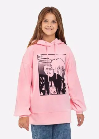 Розовое худи oversize с аниме-принтом для девочки Gloria Jeans
