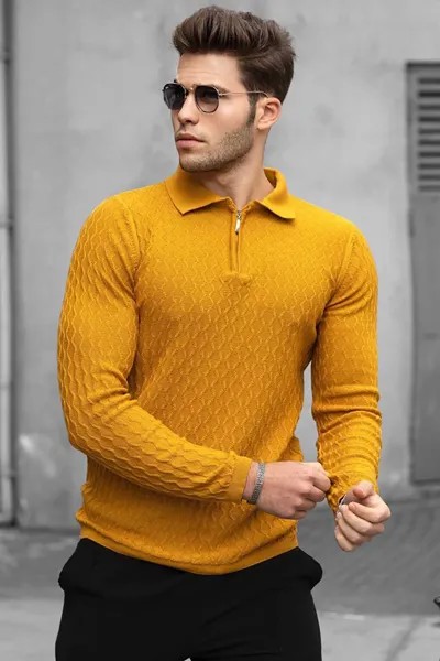 Горчичный свитер с воротником-поло 4713 MADMEXT