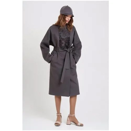 EKATERINA ZHDANOVA Пальто с планкой из каракульчи в цвете Smoky Grey размер 44/46