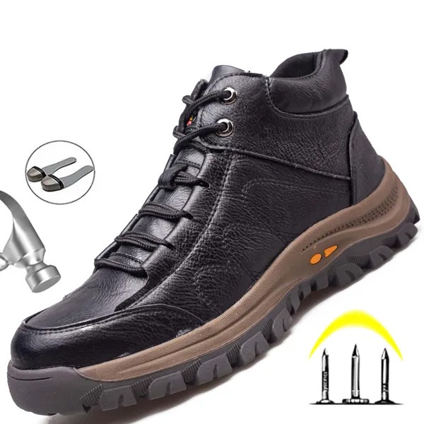 Мужские неразрушаемые защитные ботинки, мужские непрокалываемые рабочие ботинки со стальным носком, Мужская зимняя обувь, кожаные ботинки, защитная Рабочая обувь