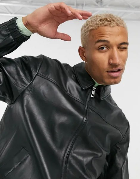 Черная кожаная куртка Харрингтон ASOS DESIGN-Черный