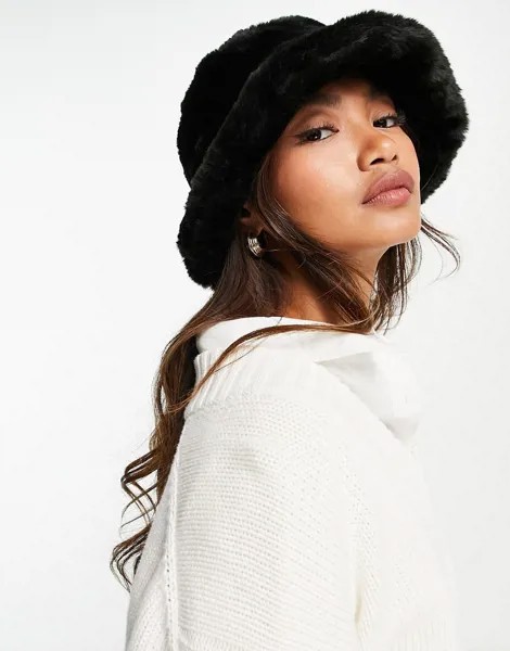 Черная панама из искусственного меха с закатанными полями ASOS DESIGN-Черный цвет