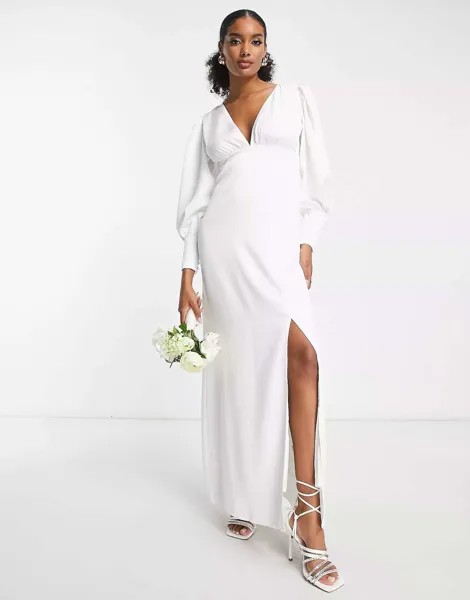 Белое атласное платье макси с длинными рукавами Y.A.S Bridal