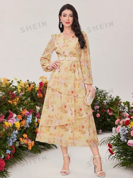 Платье женское Shein Modely с цветочным принтом и рукавами-фонариками, кремовый