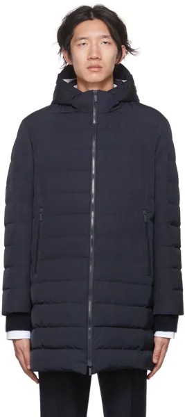 Темно-синее лыжное пальто в полоску на пуховой спине Thom Browne