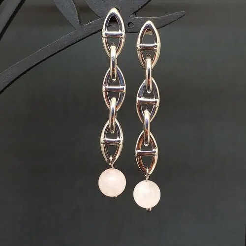 Серьги цепочки , кварц, розовый, серебряный