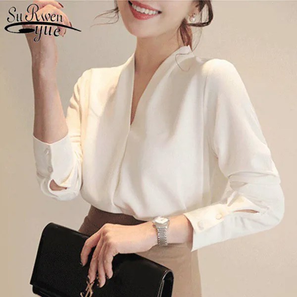 SURE XIAO STORY Лето с длинным рукавом Белая шифоновая блузка Женская 2020 Корейский стиль Глубокий V-образный вырез Ol