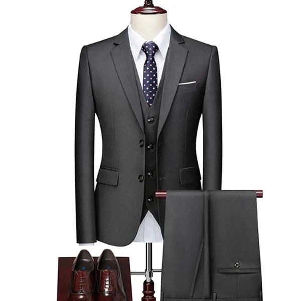 Мужской деловой костюм из трех предметов, однотонный блейзер с двумя пуговицами, жакет, брюки, жилет, жилет, осень