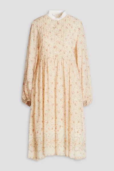 Платье-рубашка миди из шелкового жоржета с защипами и принтом Chloé, экрю