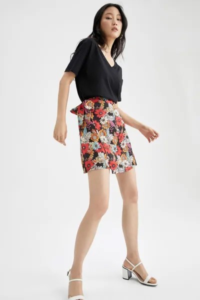 Атласная мини-юбка А-силуэта с цветочным принтом DeFacto, разноцветный