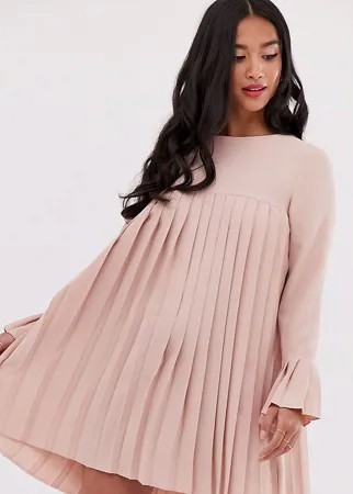 Плиссированоое платье мини с длинными рукавами ASOS DESIGN Petite-Розовый