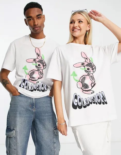 Белая футболка оверсайз унисекс с принтом кролика COLLUSION