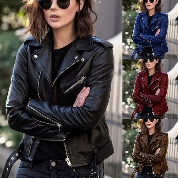 Женская мода Короткая кожаная куртка PU Мотоцикл Одежда Slim Slim Кожаная куртка