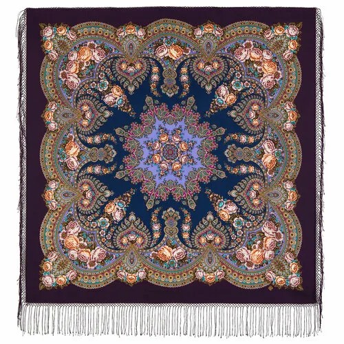 Платок Павловопосадская платочная мануфактура,135х135 см, коралловый, фиолетовый