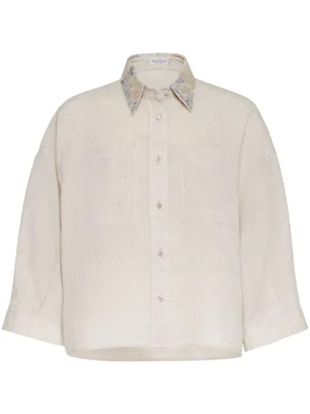 Brunello Cucinelli рубашка с короткими рукавами и вышивкой, нейтральный цвет