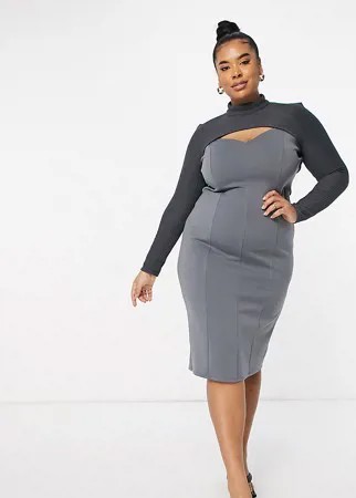 Серое платье-футляр миди в рубчик с верхней частью лифа внахлест ASOS DESIGN Curve-Серый