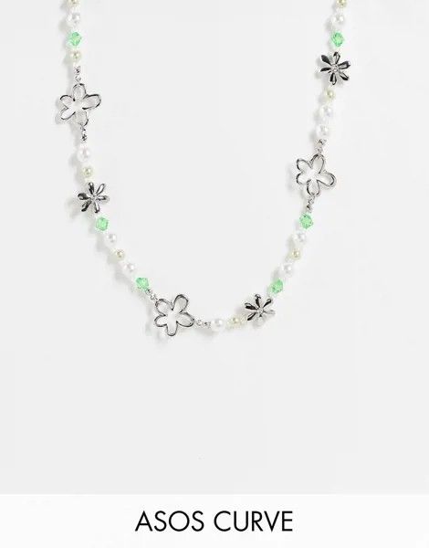 Серебристое ожерелье с бусинами из искусственного жемчуга и подвесками в виде цветов ASOS DESIGN Curve-Серебряный