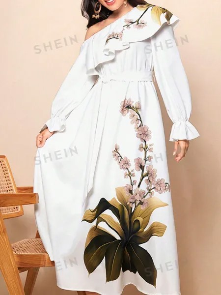 SHEIN Mulvari Женское платье трапециевидной формы с асимметричным вырезом и оборками по подолу с цветочным принтом, белый