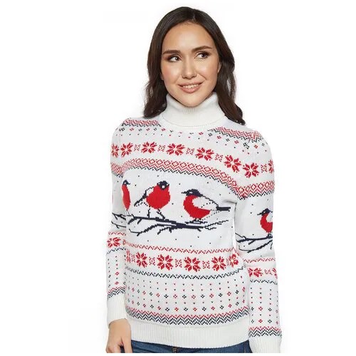 Шерстяной свитер, классический скандинавский орнамент со Снегирями и снежинками, натуральная шерсть, белый цвет, размер S