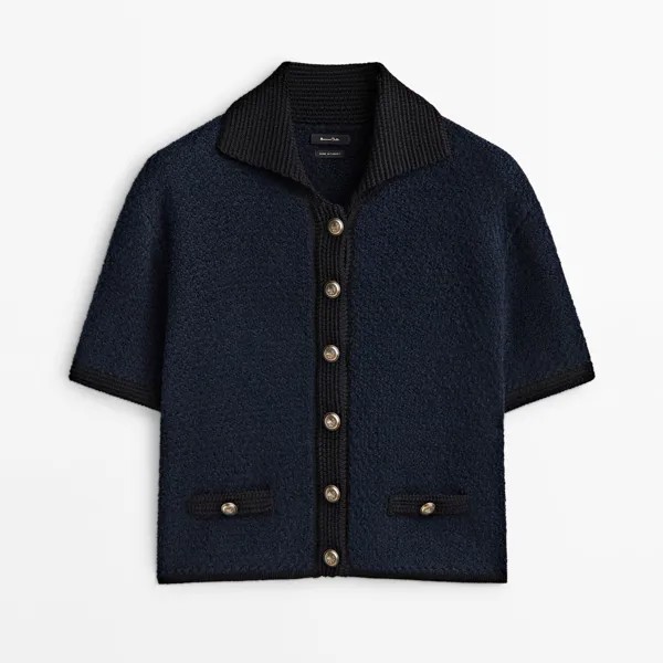 Свитер-поло Massimo Dutti Textured knit with gold-toned buttons, синий