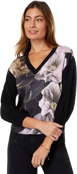 Свитер Ted Baker Hanalyy V-Neck Printed Woven Front Sweater, черный