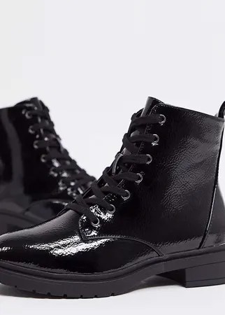 Черные лакированные ботинки на шнуровке New Look Wide Fit-Черный