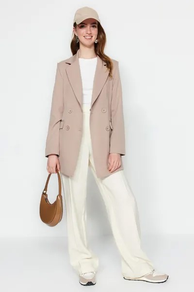 Норковый пиджак с двойной пуговицей и карманами на подкладке из тканого жакета Trendyol Modest, коричневый