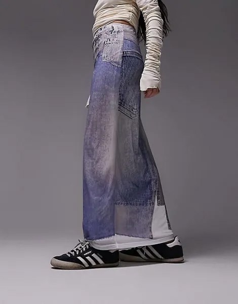 Синяя джинсовая юбка миди в сетку с принтом Topshop
