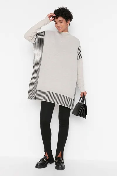 Бежевый вязаный свитер-пончо в полоску Trendyol Modest, серый