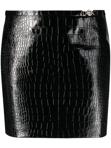 Versace кожаная мини-юбка с тиснением под крокодила, черный
